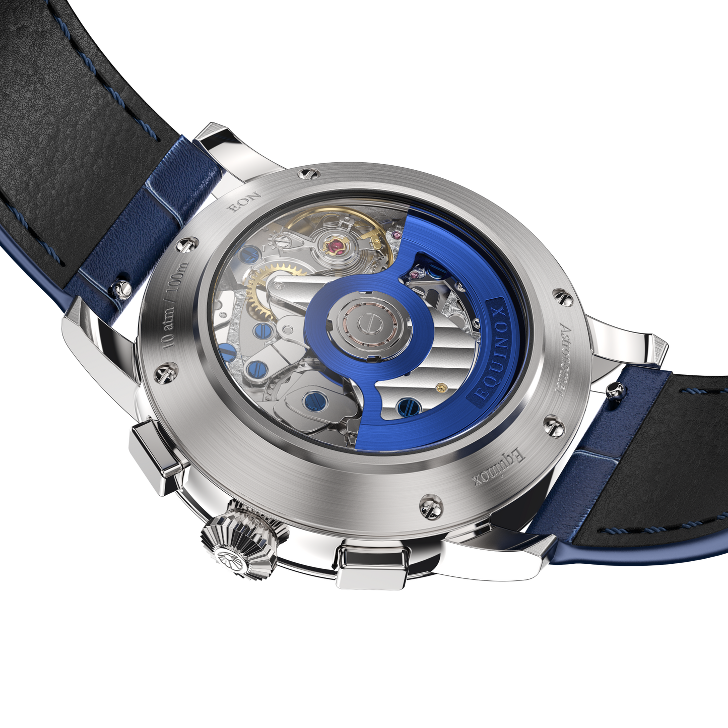 Equinox Product Image Caseback Laying Shot Blue Strap