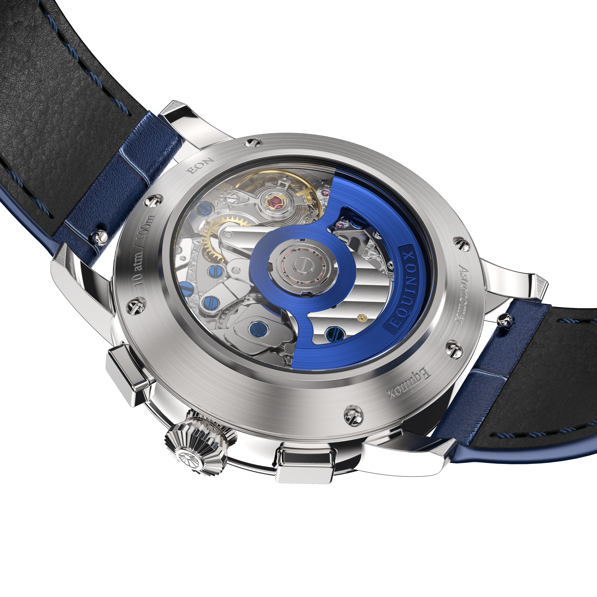 Equinox Product Image Caseback Laying Shot Blue Strap